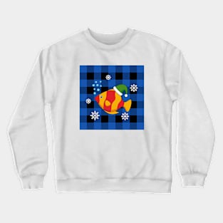 Xmas Tropical Fish Cartoon on Blue Buffalo Pattern Crewneck Sweatshirt